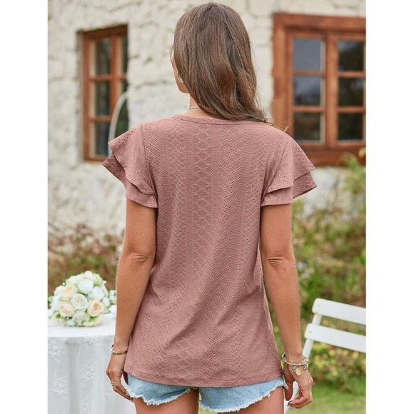 Ruffle Sleeve Top V Neck Mauve Pink Blouse Eyelet‎ Knit Casual Summer Large NWT - Picture 2 of 11